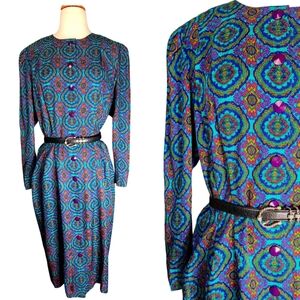 Vintage 80s 100% Silk Floral Midi Dress Long Sleeve Sz Medium Teacher Secretary